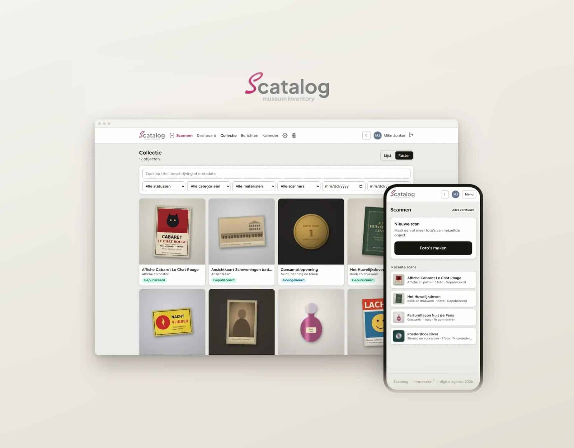 Scatalog collectieoverzicht en scan-app op telefoon